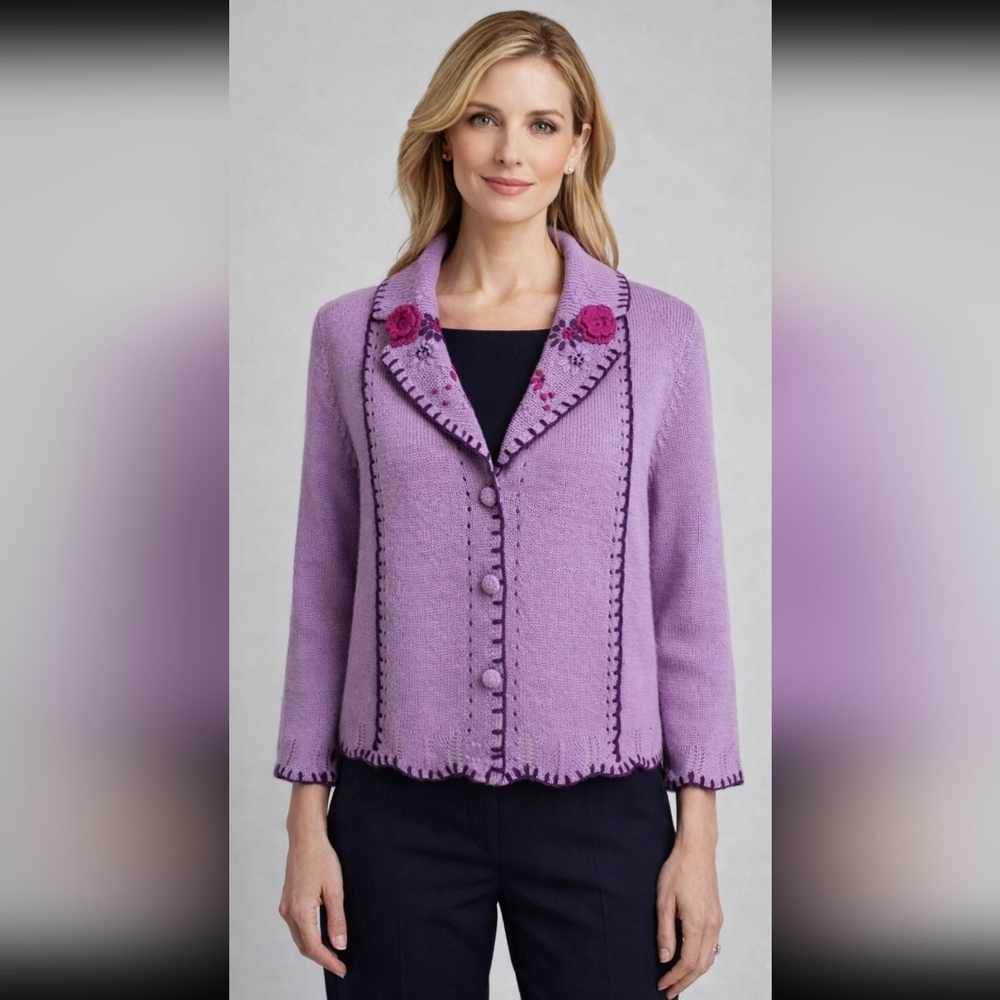Christopher & Banks Vintage Knit Cardigan Sweater Lilac Floral Hand Embroidered